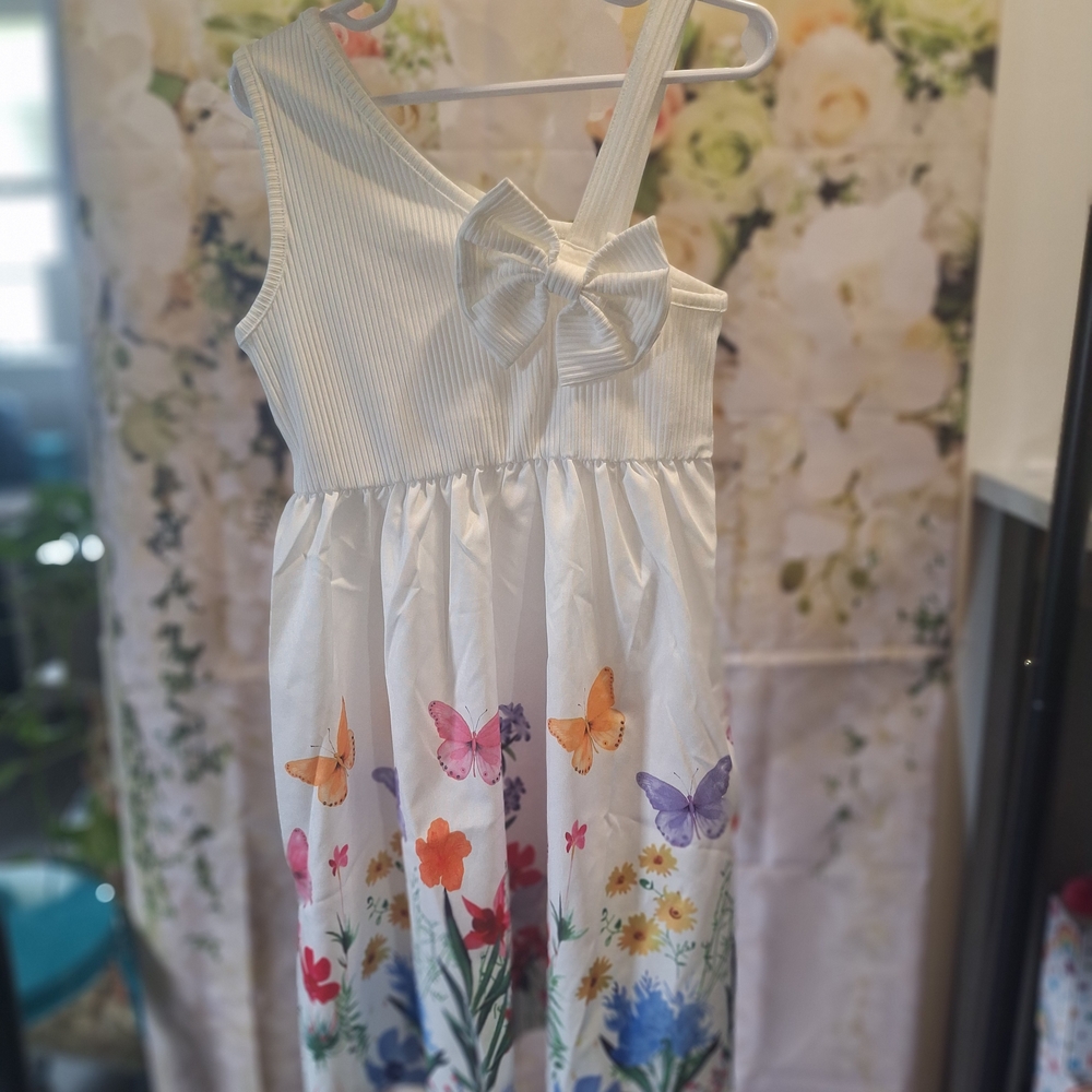 Kids Summer White Dress with Bow and Butterfly Accents & Hat